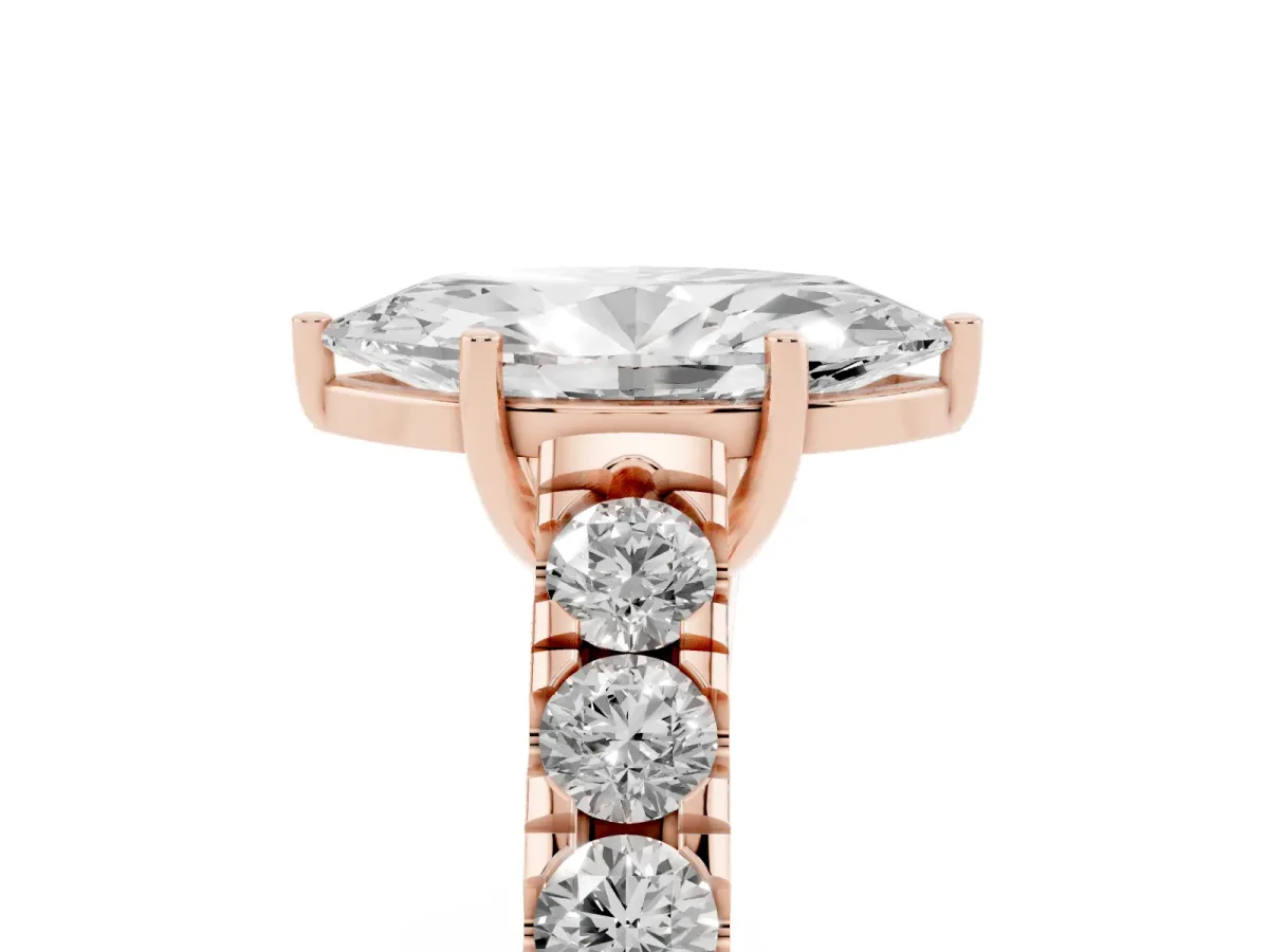 Marquise Cut Cut Diamond Solitaire Ring with Micro Pave Band and Prong Setting Rose gold