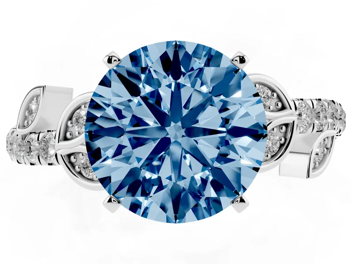 Fancy Blue Round Cut Solitaire Leaf-Inspired Diamond Ring with Pavé Band and Four-Prong Setting Silver