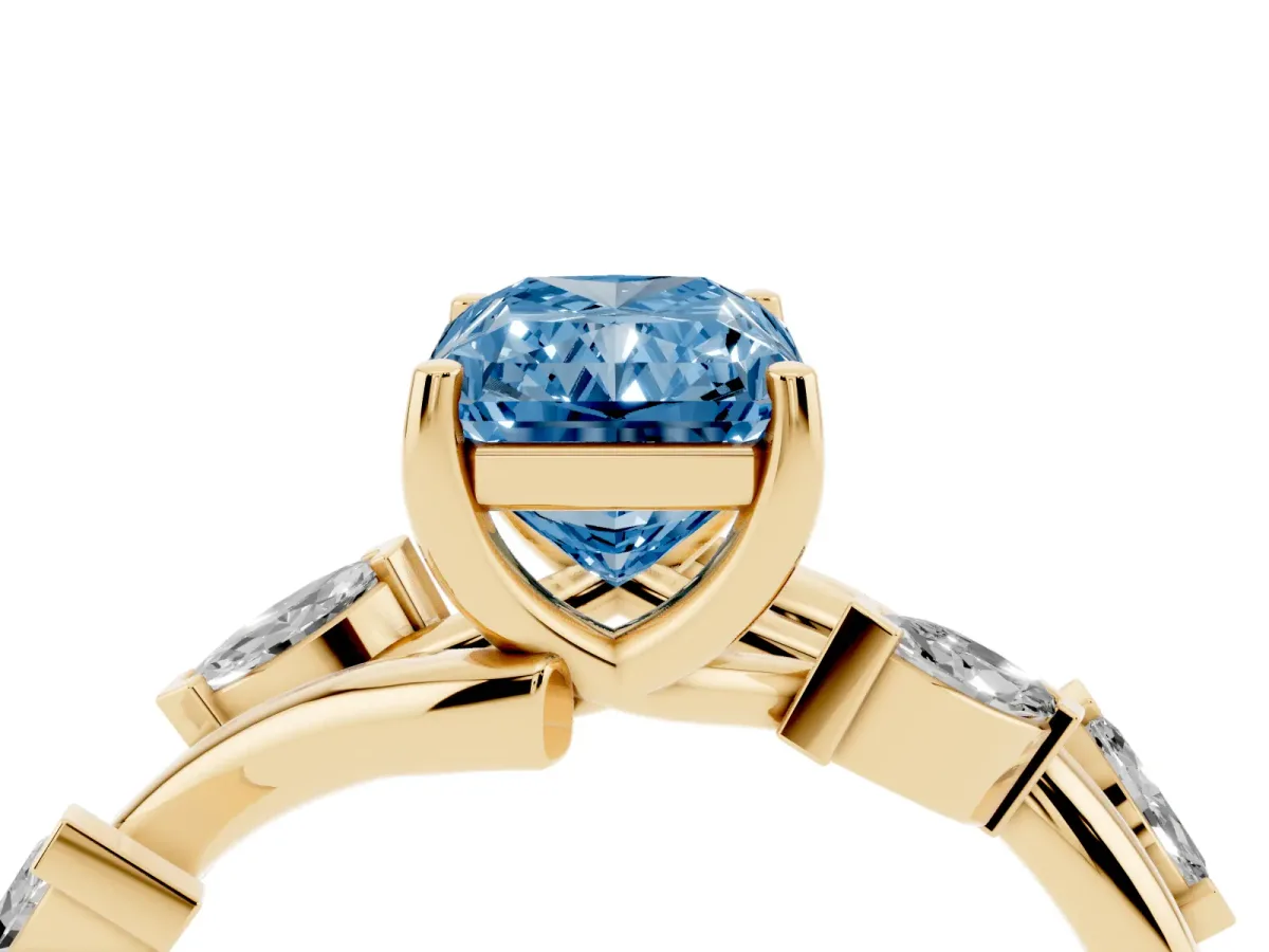 Fancy Blue Radiant Cut Solitaire Twisted Band Marquise Accent Prong Setting Ring Yellow gold