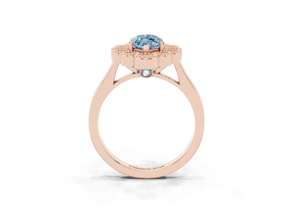 Fancy Blue Marquise Cut Halo Diamond Cluster Engagement Ring with Milgrain Bezel Setting and Solitaire Band Rose gold
