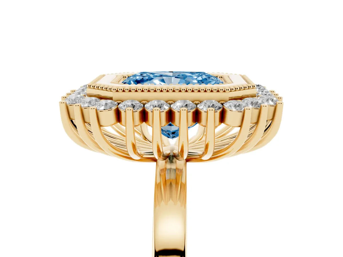 Fancy Blue Radiant Cut Halo Diamond Ring with Milgrain Edge and Round Prong Setting Yellow gold