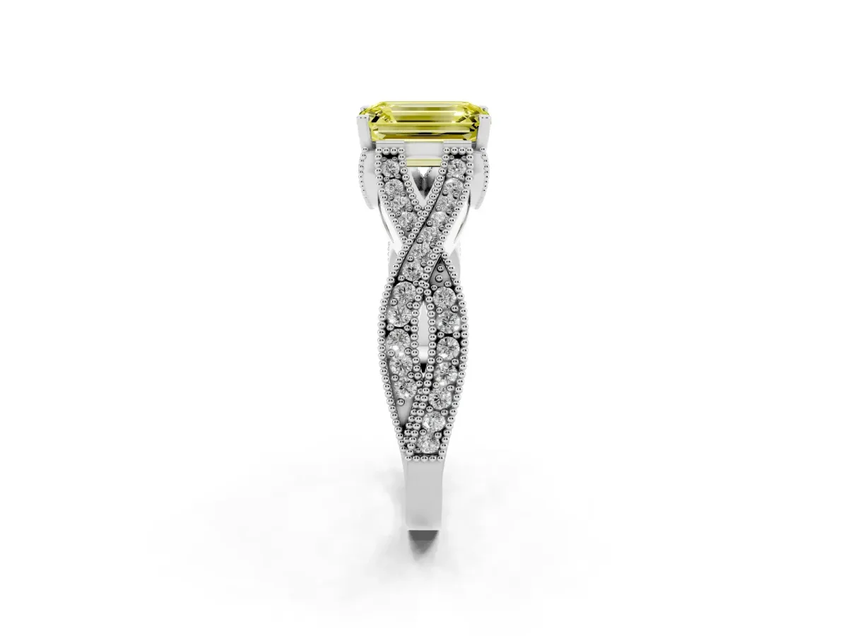 Fancy Yellow Emerald Cut Cut Diamond Twisted Band with Milgrain Pave Setting and Four-Prong Setting Silver