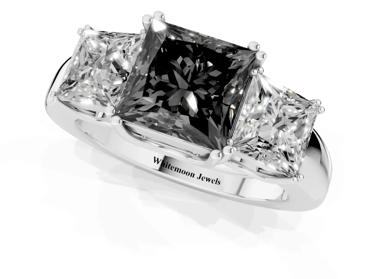 Fancy Black Three-Stone Princess Cut Cut Diamond Ring with Channel Set Band and Four-Prong Setting Platinum