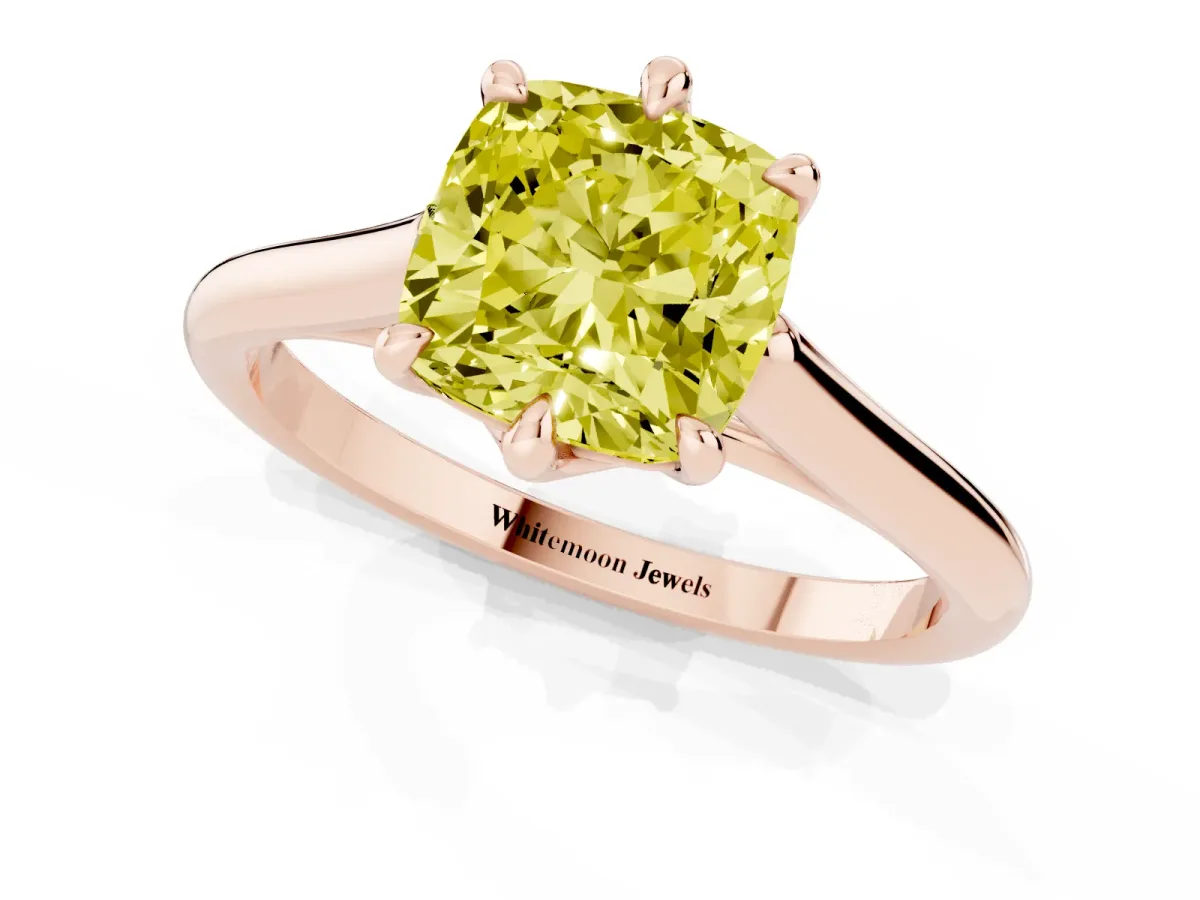 Fancy Yellow Cushion Cut Solitaire Engagement Ring with Six-Prong Setting and Classic Band Rose gold