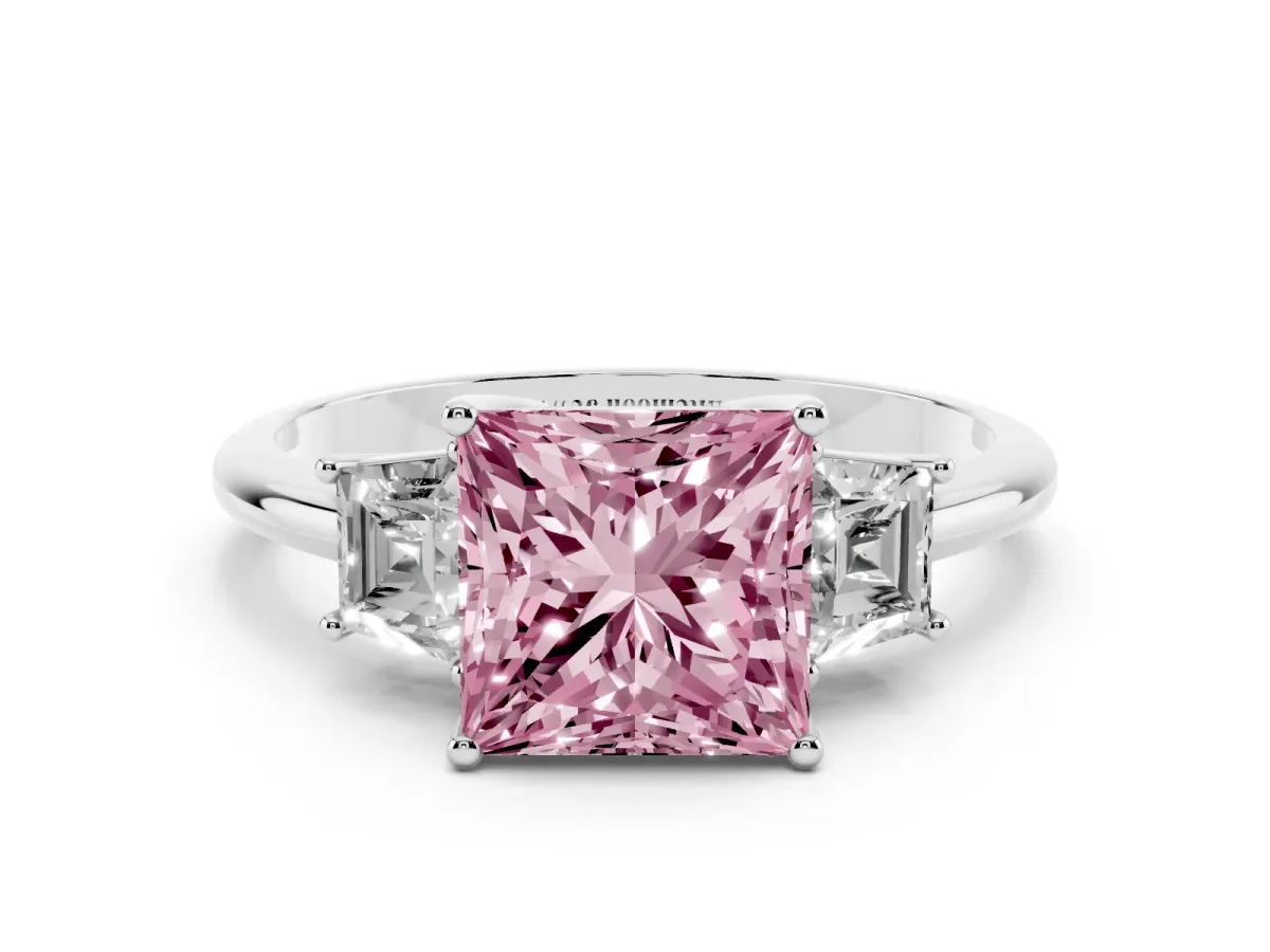 Fancy Pink Princess Cut Diamond Three-Stone Ring with Trapezoid Side Stones and Prong Setting Silver