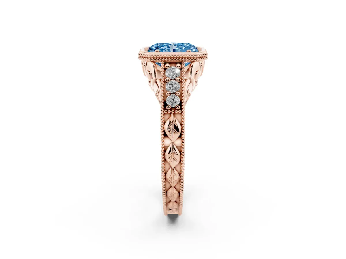 Fancy Blue Bezel Set Radiant Cut Diamond Milgrain Pave Engagement Ring Rose gold