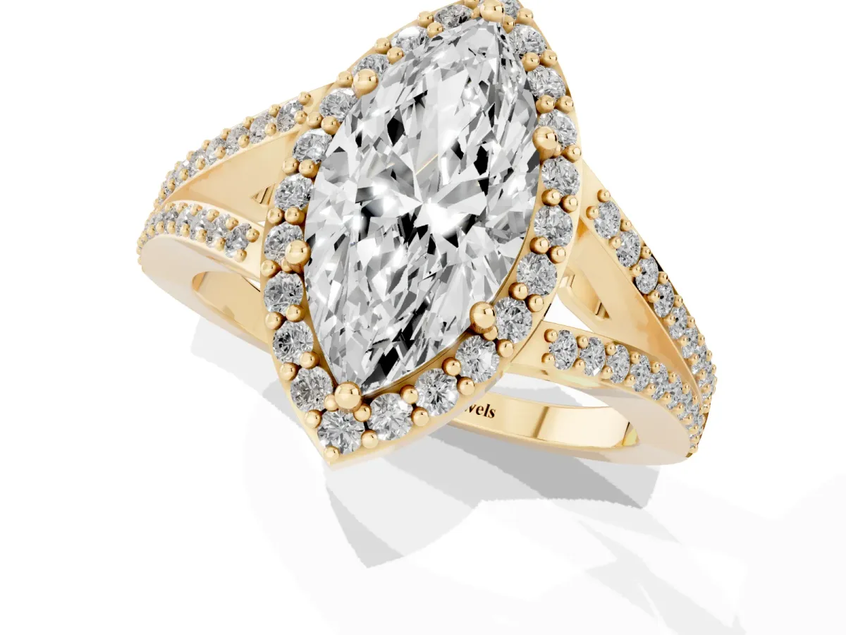 Marquise Cut Halo Split Shank Pave Diamond Ring with Four-Prong Setting Yellow gold