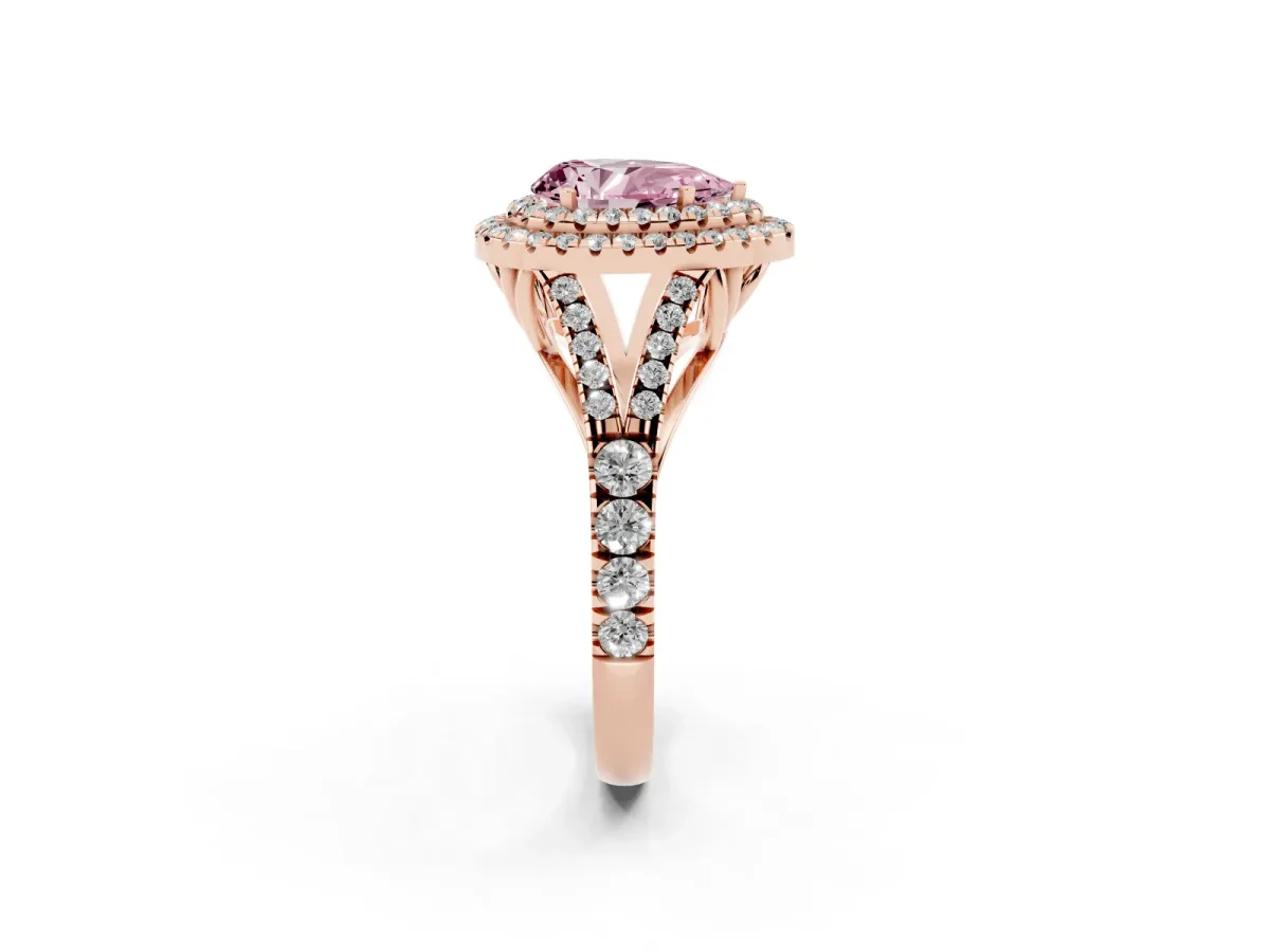 Fancy Pink Pear Cut Diamond Pavé Split Shank Double Halo Engagement Ring Rose gold