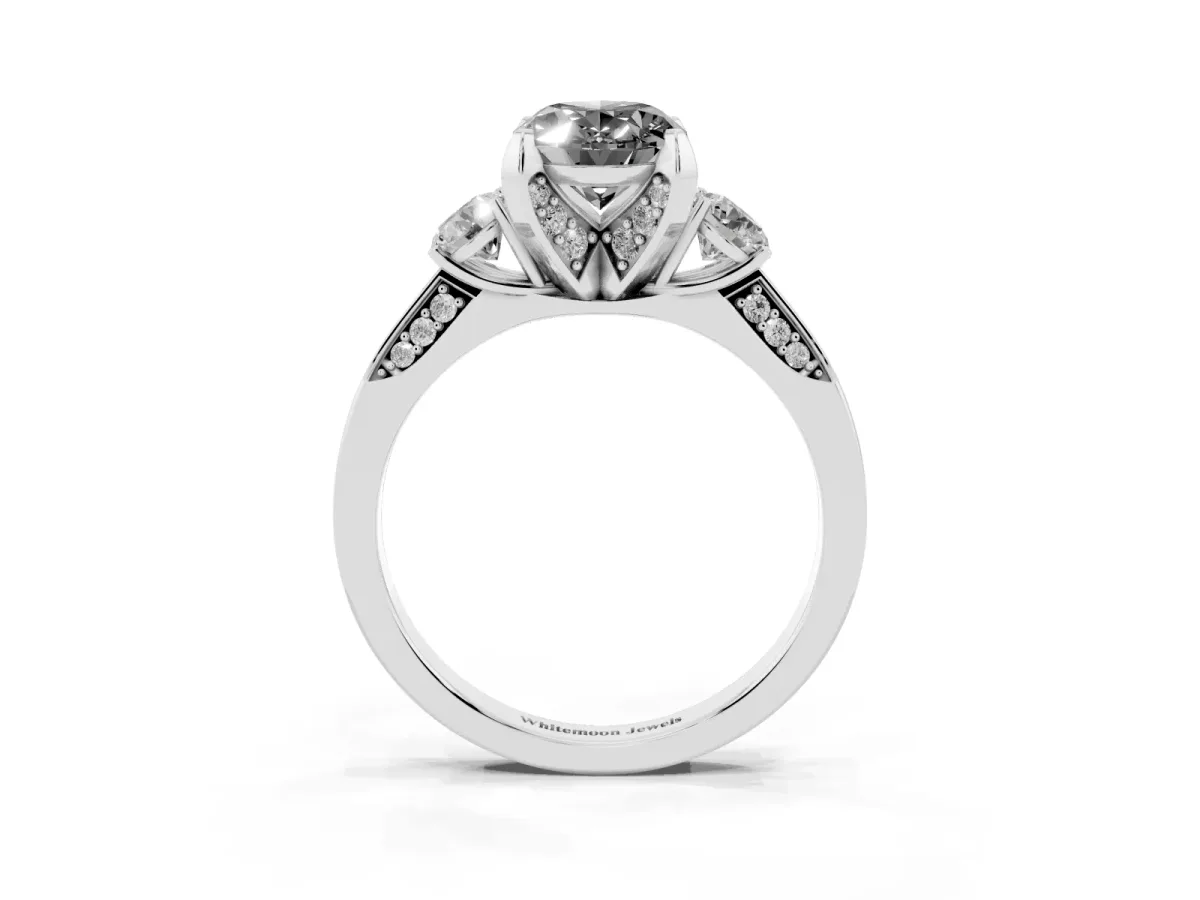 Fancy Black Oval Cut Brilliant Three-Stone Diamond Ring with Pavé Band and Four-Prong Setting White gold
