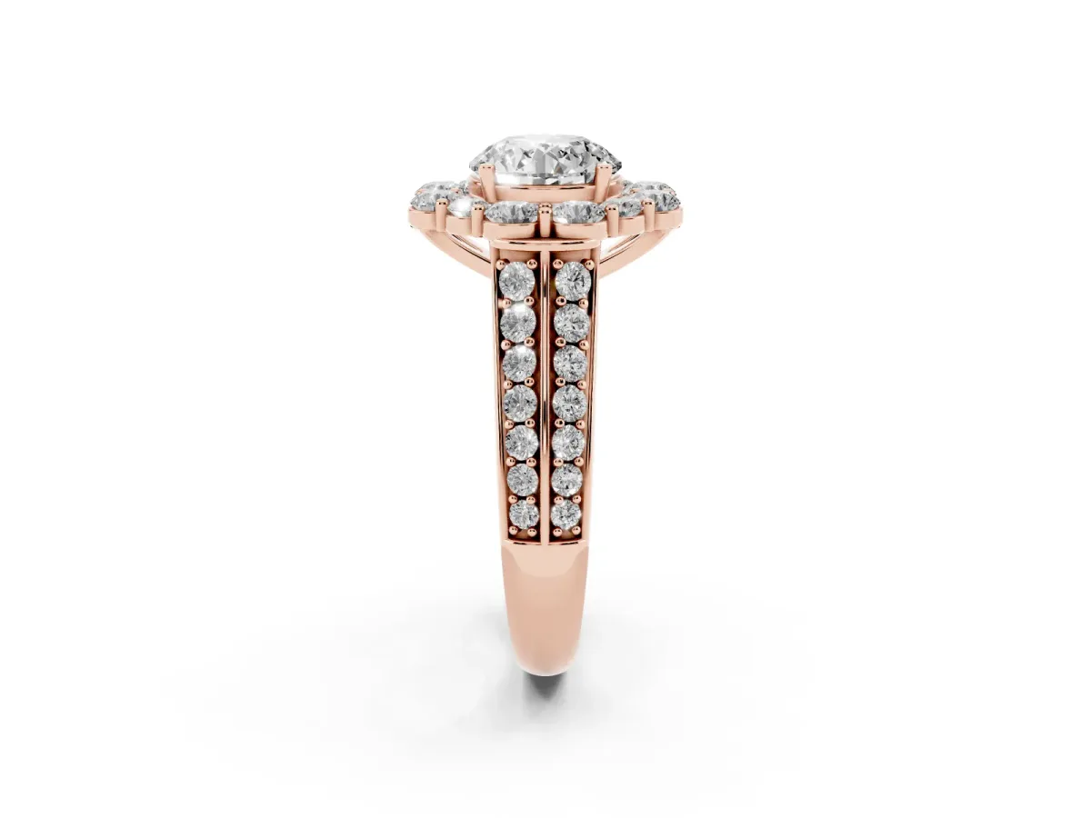Round Cut Halo Diamond Engagement Ring with Split Shank and Prong Setting Rose gold