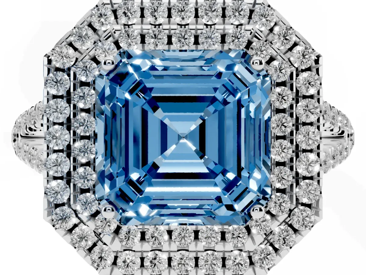 Fancy Blue Asscher Cut Diamond Double Halo Ring with Pavé Band and Prong Setting Platinum
