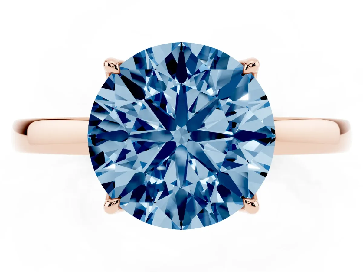 Fancy Blue Round Cut Diamond Solitaire Ring with Thin Band and Prong Setting Rose gold