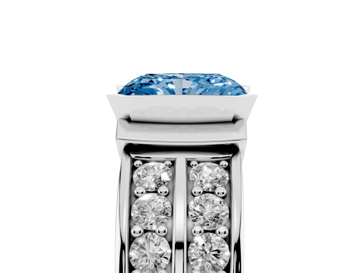 Fancy Blue Radiant Cut Brilliant Diamond Channel Set Wide Band Ring with Bezel Setting Platinum