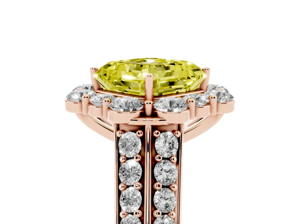 Fancy Yellow Asscher Cut Halo Diamond Engagement Ring with Split Shank and Prong Setting Rose gold