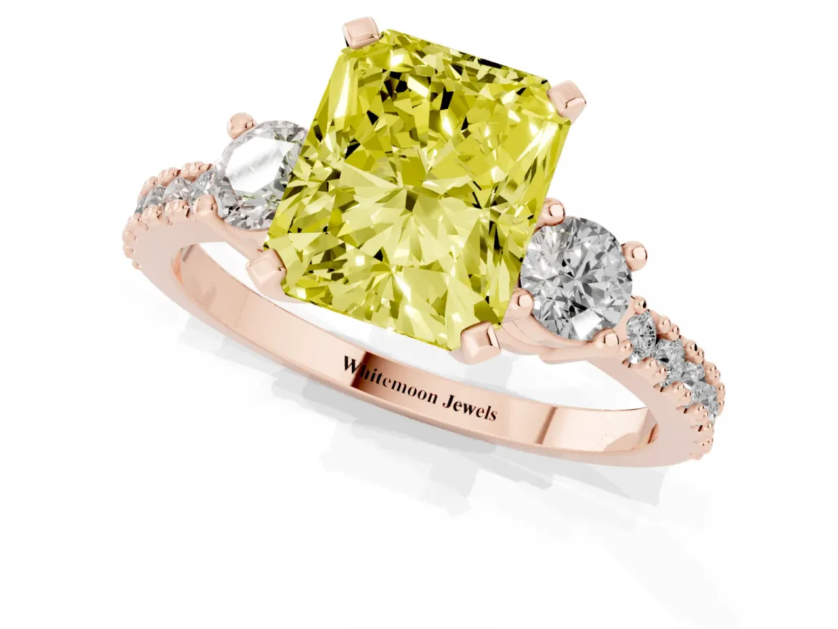 Fancy Yellow Radiant Cut Three-Stone Diamond Pavé Band with Prong Setting Rose gold