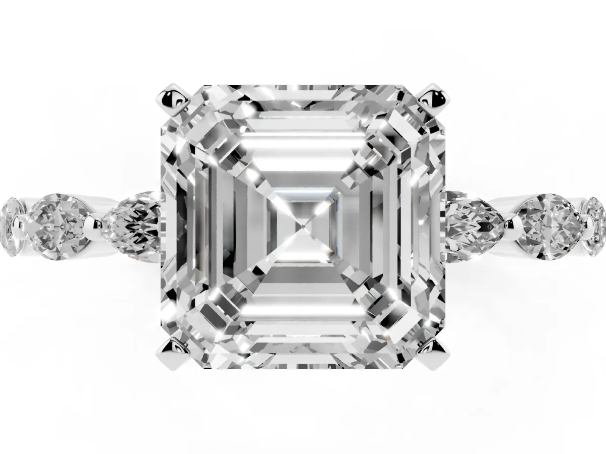 Asscher Cut Diamond Ring with Marquise Side Stones and Prong Setting Platinum