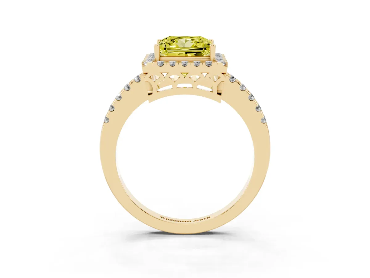 Fancy Yellow Princess Cut Halo Diamond Engagement Ring with Pavé Band and Four-Prong Setting Yellow gold