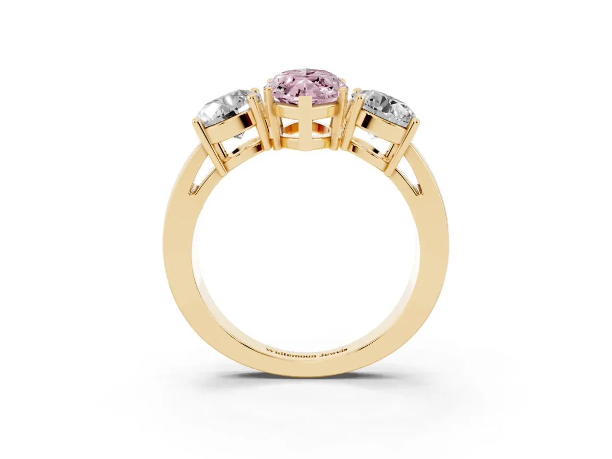 Fancy Pink Three-Stone Marquise Cut Diamond Ring with Round Side Stones, Classic Band, and Four-Prong Setting Yellow gold
