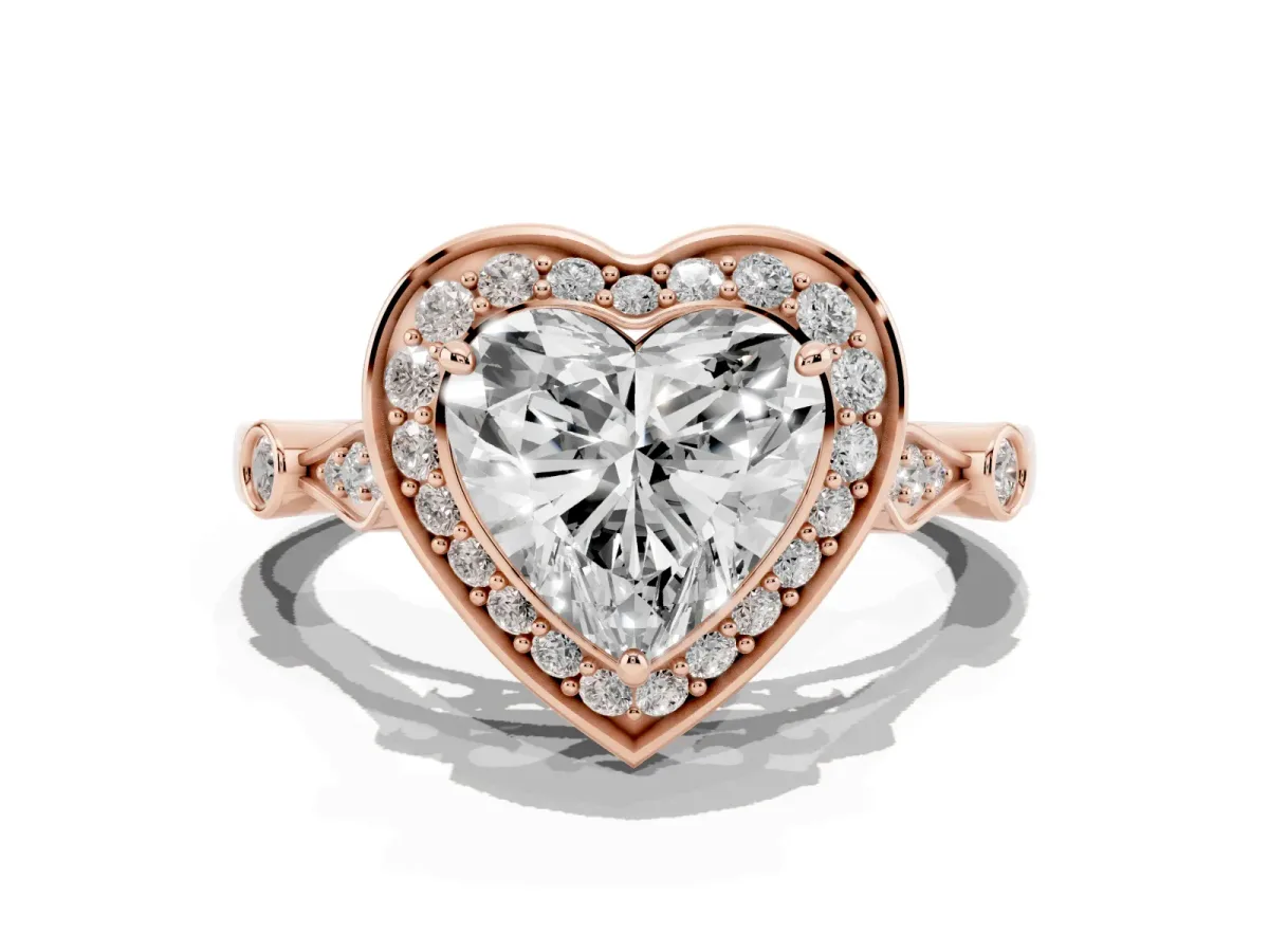 Heart Cut Halo Diamond Engagement Ring with Twisted Band and Four-Prong Setting Rose gold