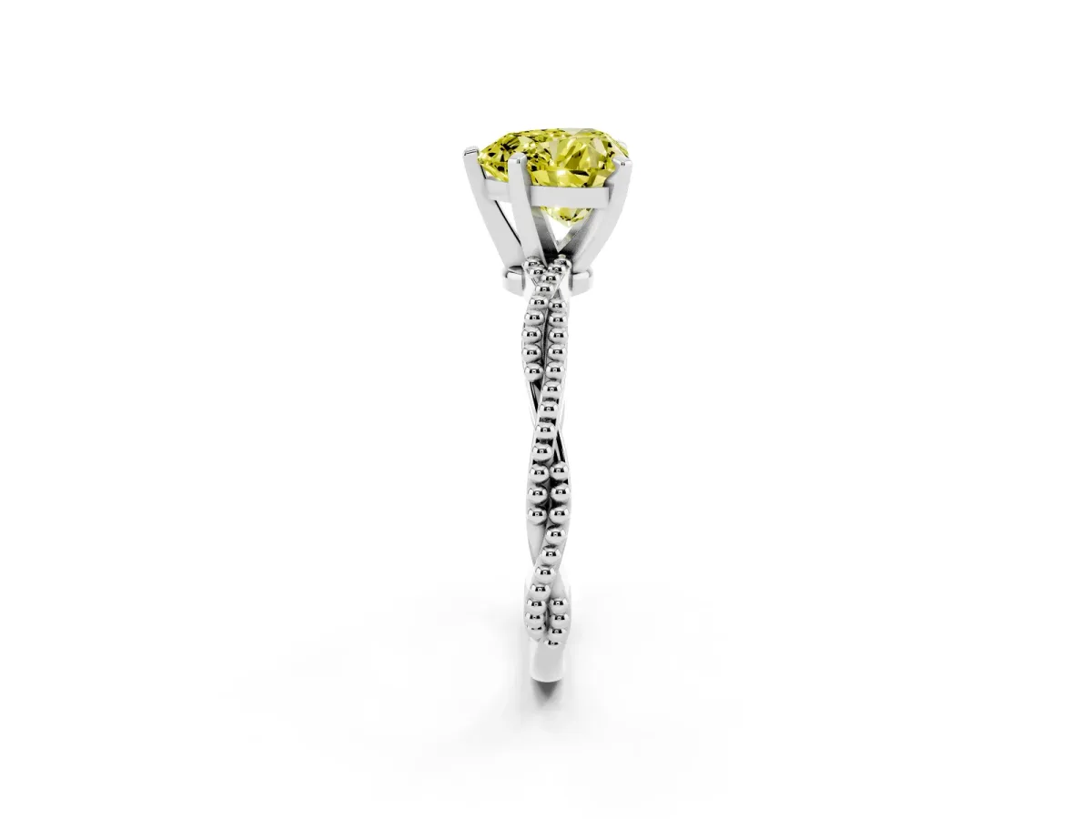 Fancy Yellow Heart Cut Solitaire Twisted Band with Bead Prong Setting Silver