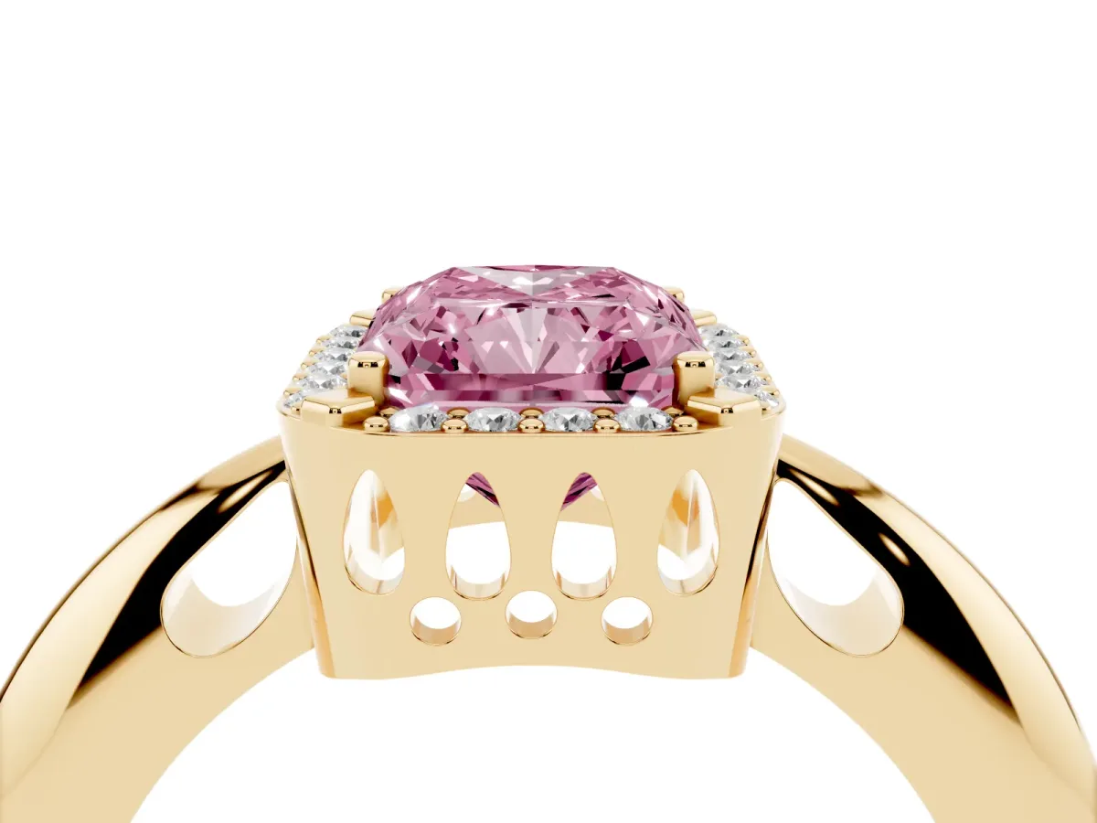 Fancy Pink Radiant Cut Cut Diamond Halo Engagement Ring with Split Shank and Four-Prong Setting Yellow gold