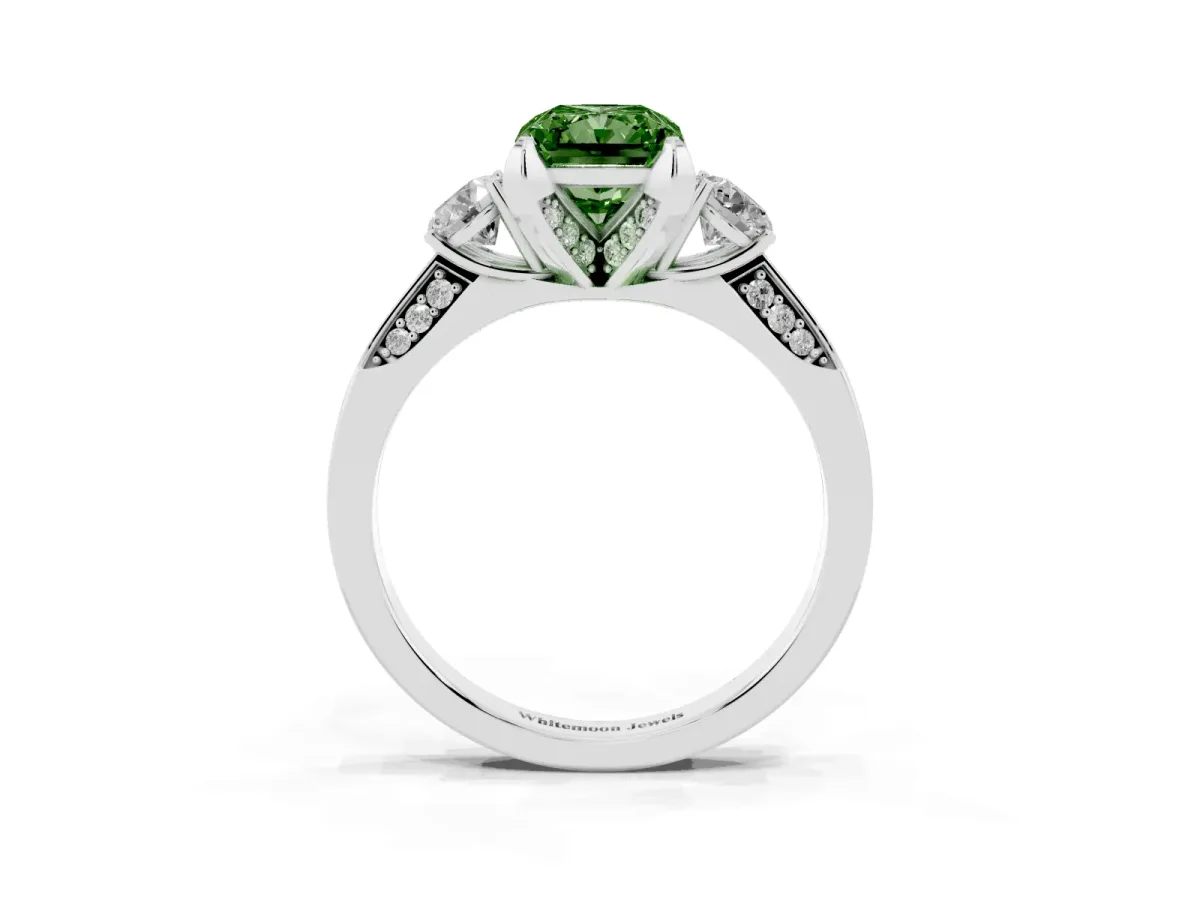 Fancy Green Radiant Cut Brilliant Three-Stone Diamond Ring with Pavé Band and Four-Prong Setting White gold