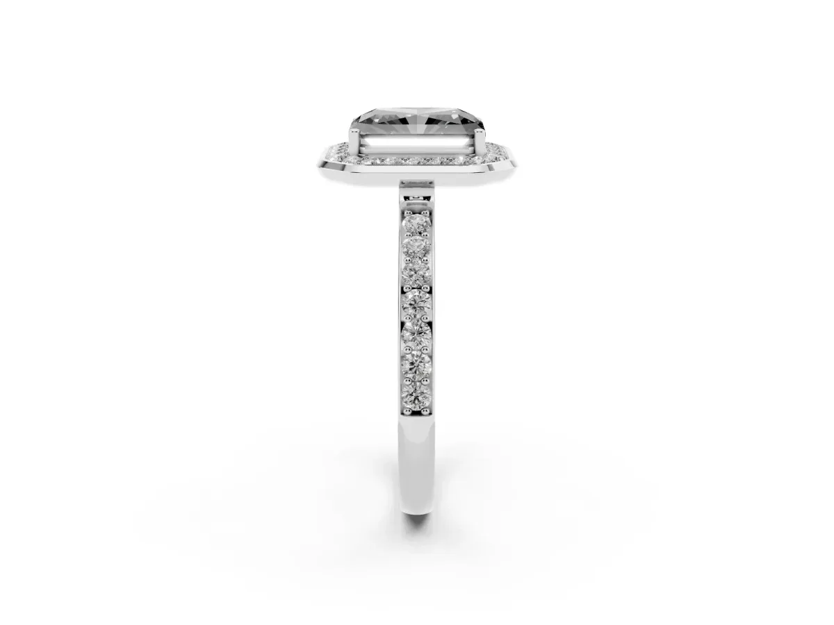 Fancy Black Radiant Cut Diamond Halo Ring with Bezel Frame and Pavé Band Silver