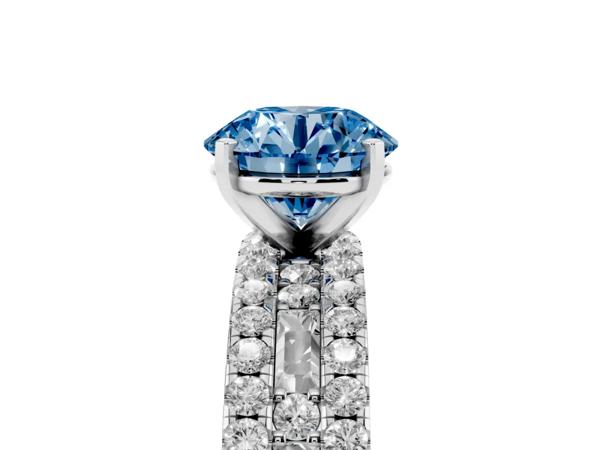 Fancy Blue Round Cut Diamond Solitaire Ring with Pavé and Channel Set Band Platinum