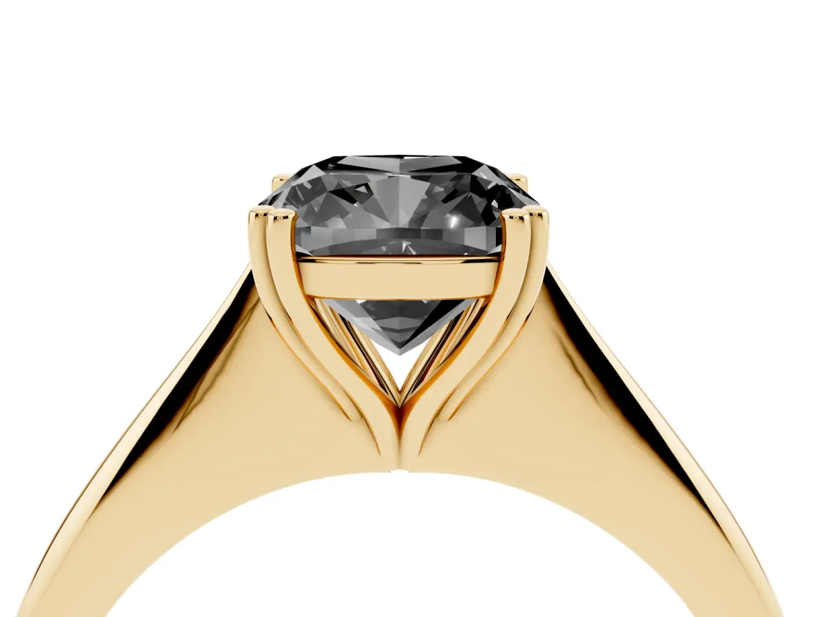 Fancy Black Cushion Cut Solitaire Diamond Ring with Six-Prong Setting and Classic Band Yellow gold