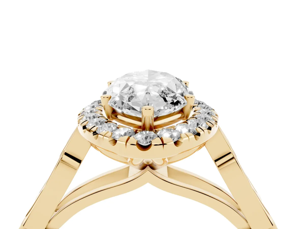 Marquise Cut Halo Diamond Engagement Ring with Filigree Band and Four-Prong Setting Yellow gold