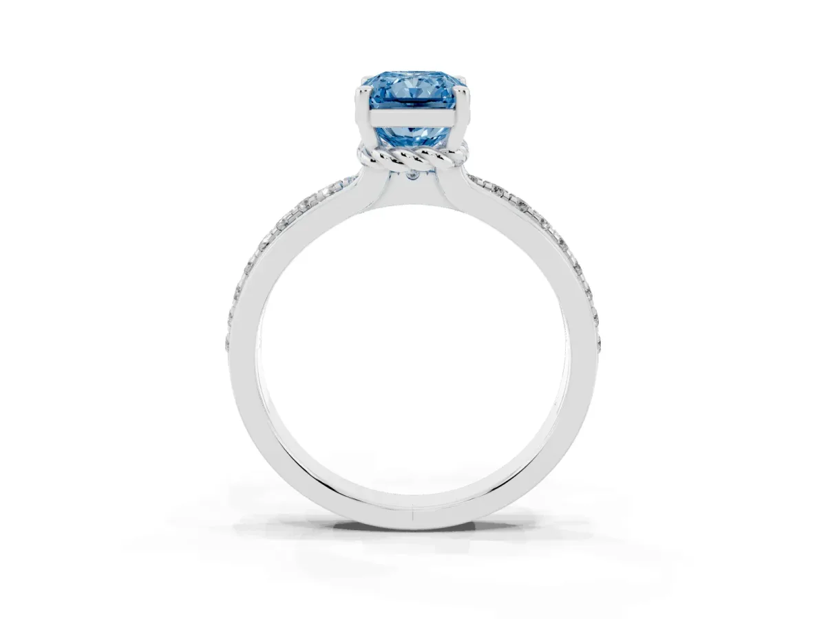 Fancy Blue Radiant Cut Solitaire Diamond Ring with Channel Set Band and Six-Prong Setting White gold