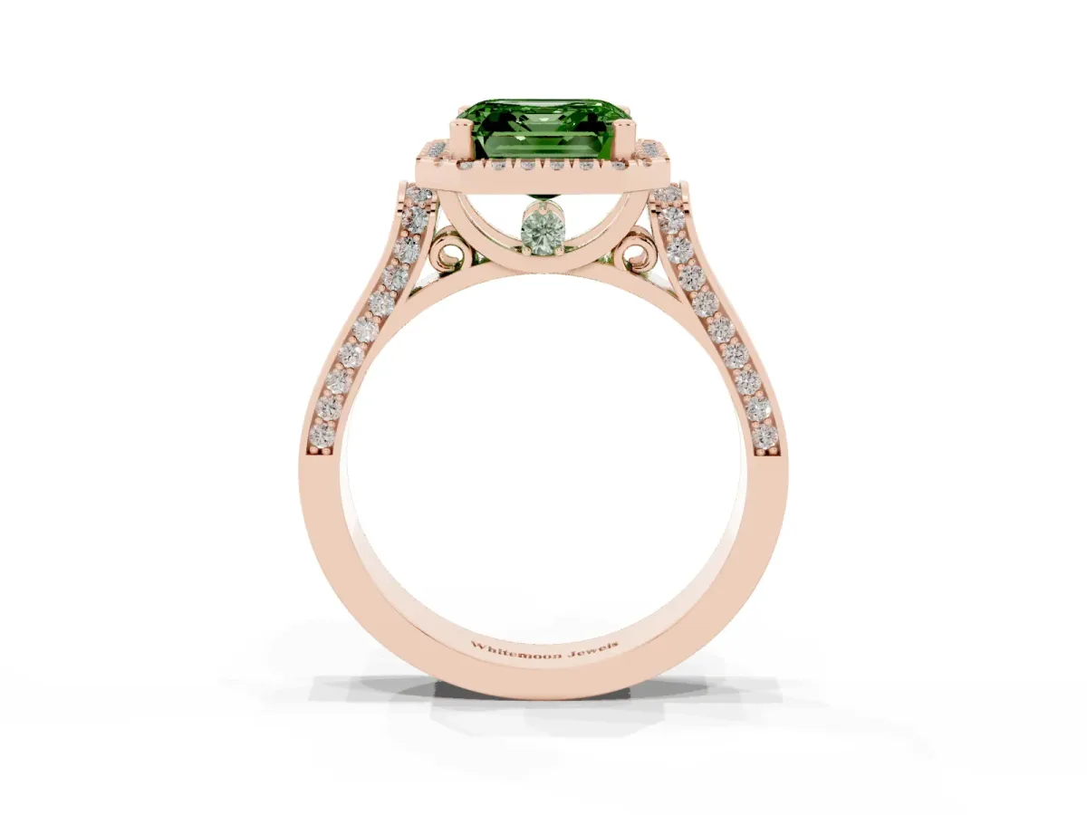 Fancy Green Asscher Cut Halo Pave Split Shank Prong Setting Ring Rose gold