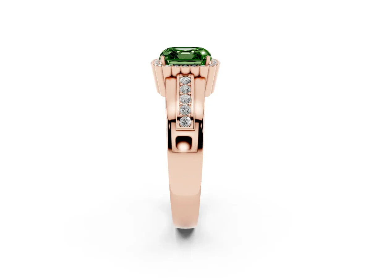 Fancy Green Asscher Cut Cut Halo Pave Band Four-Prong Ring Rose gold