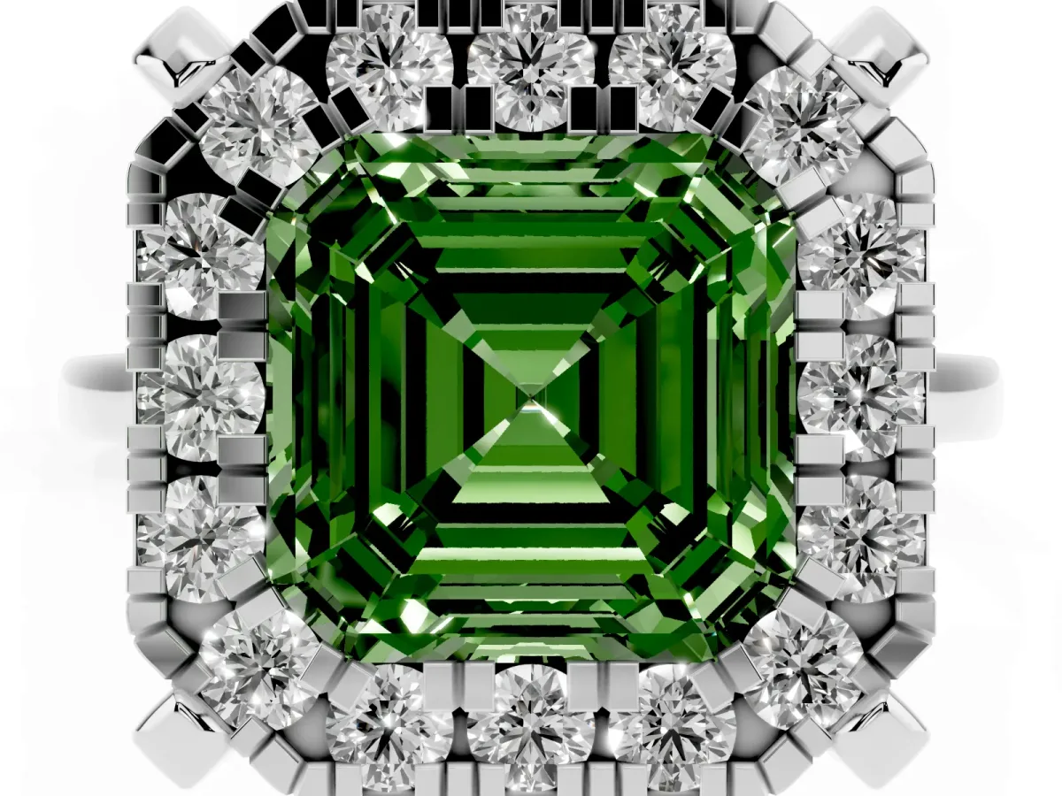 Fancy Green Asscher Cut Diamond Cluster Halo Solitaire with Four-Prong Setting Silver