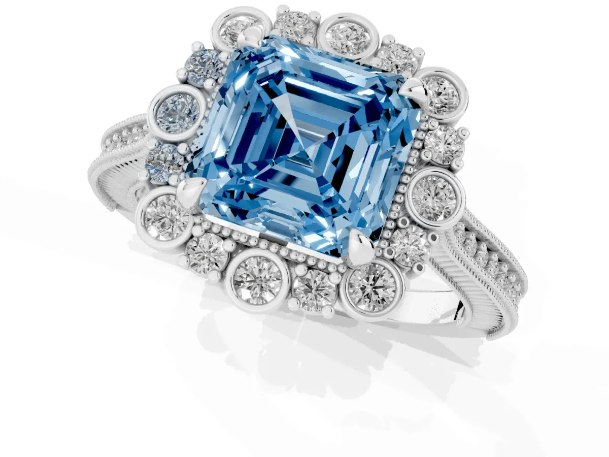 Fancy Blue Asscher Cut Halo Milgrain Pave Diamond Ring with Four-Prong Setting Silver