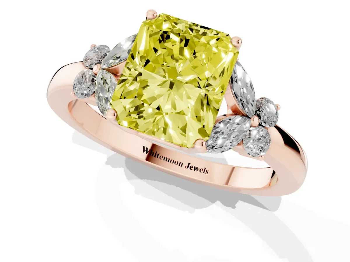 Fancy Yellow Radiant Cut Cut Solitaire Floral Diamond Ring with Four-Prong Setting Rose gold
