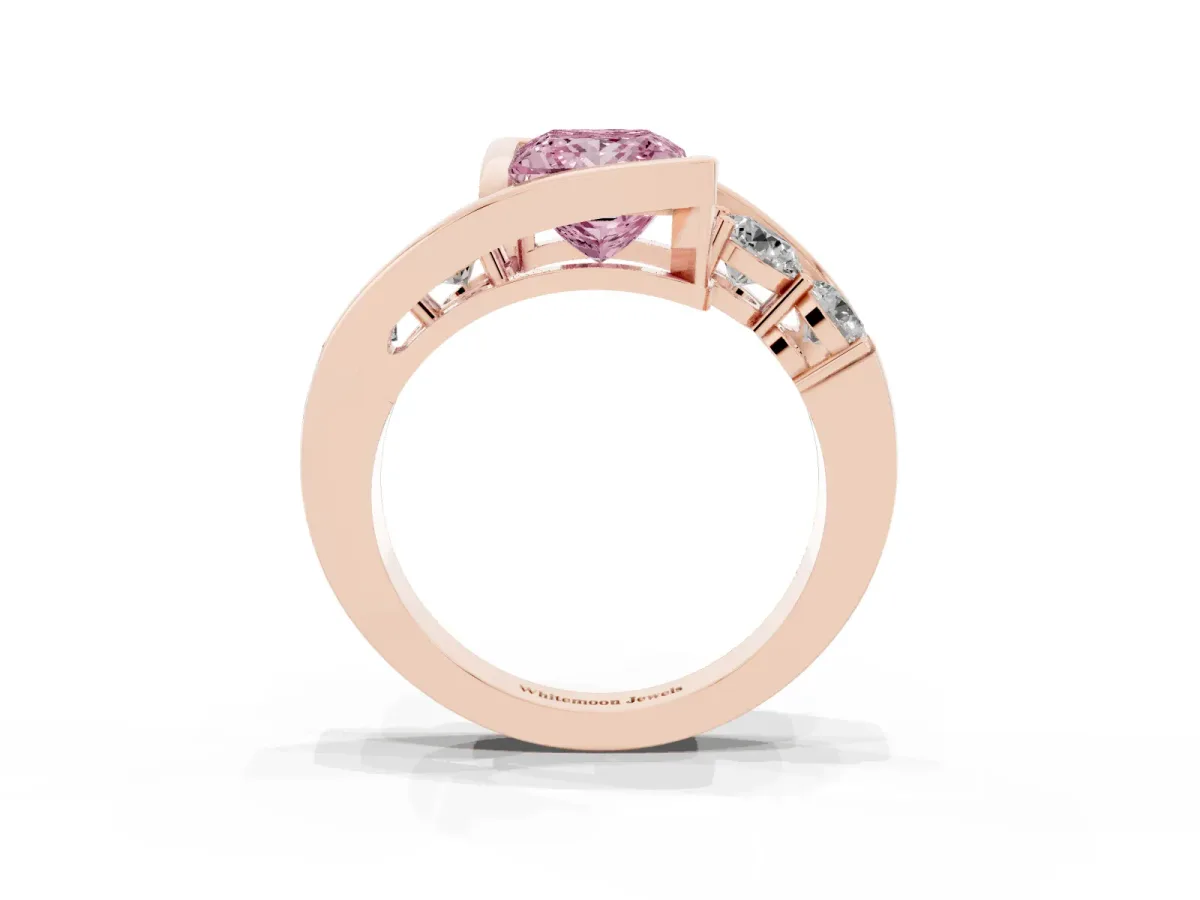 Fancy Pink Bezel Set Princess Cut Diamond Bypass Ring with Round Accents Rose gold