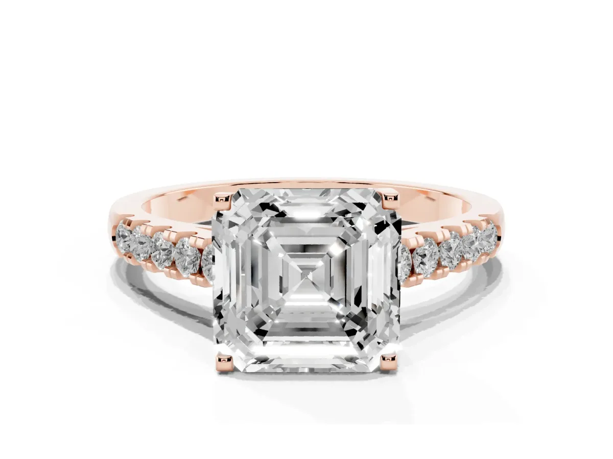 Asscher Cut Diamond Pavé Band Solitaire Ring with Prong Setting Rose gold