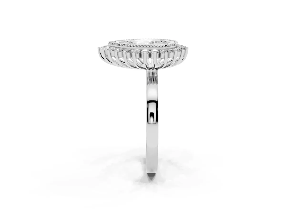 Pear Cut Halo Diamond Ring with Milgrain Edge and Round Prong Setting Silver