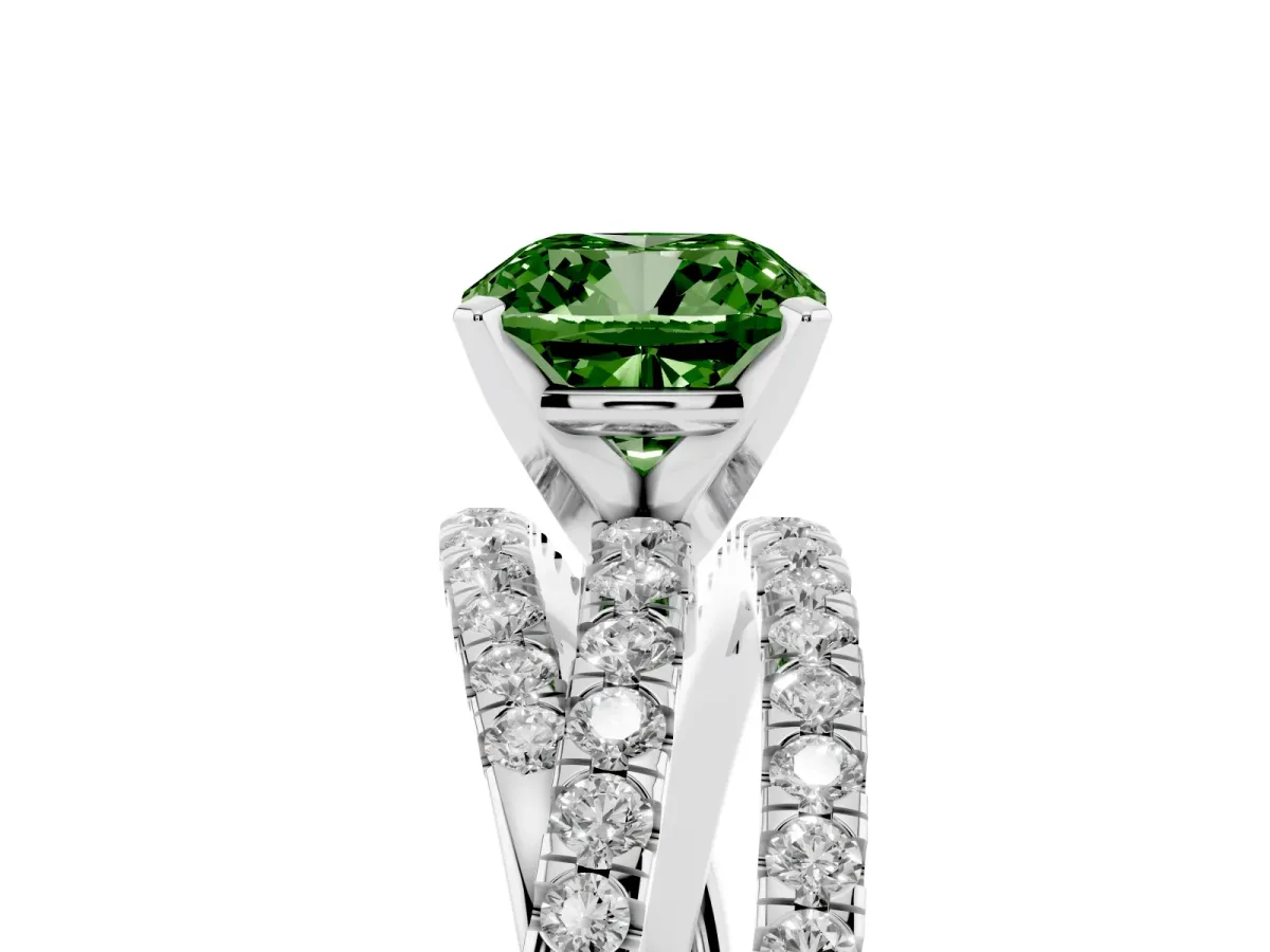 Fancy Green Cushion Cut Solitaire Twist Band with Pavé Setting and Four-Prong Setting Silver