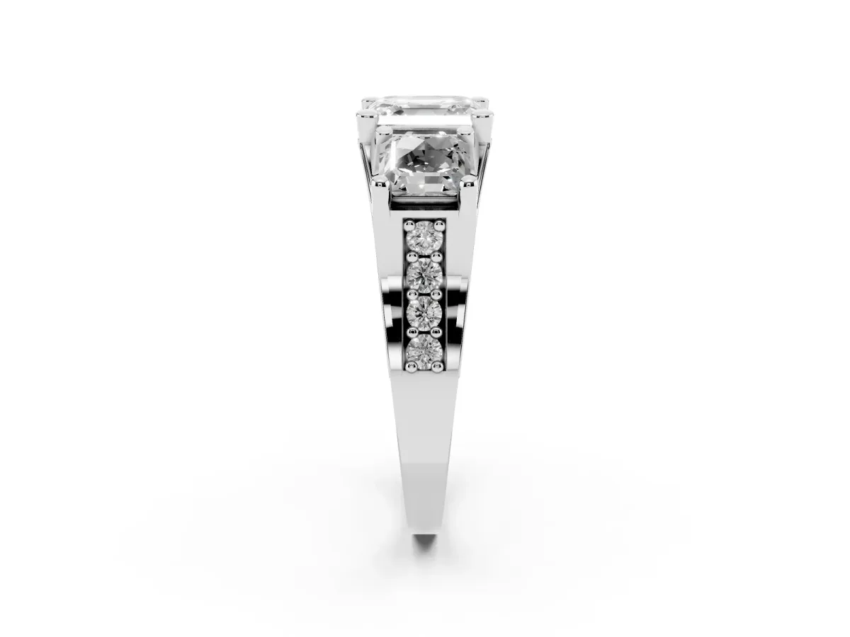 Asscher Cut Diamond Three-Stone Ring with Channel Set Band and Four-Prong Setting Silver