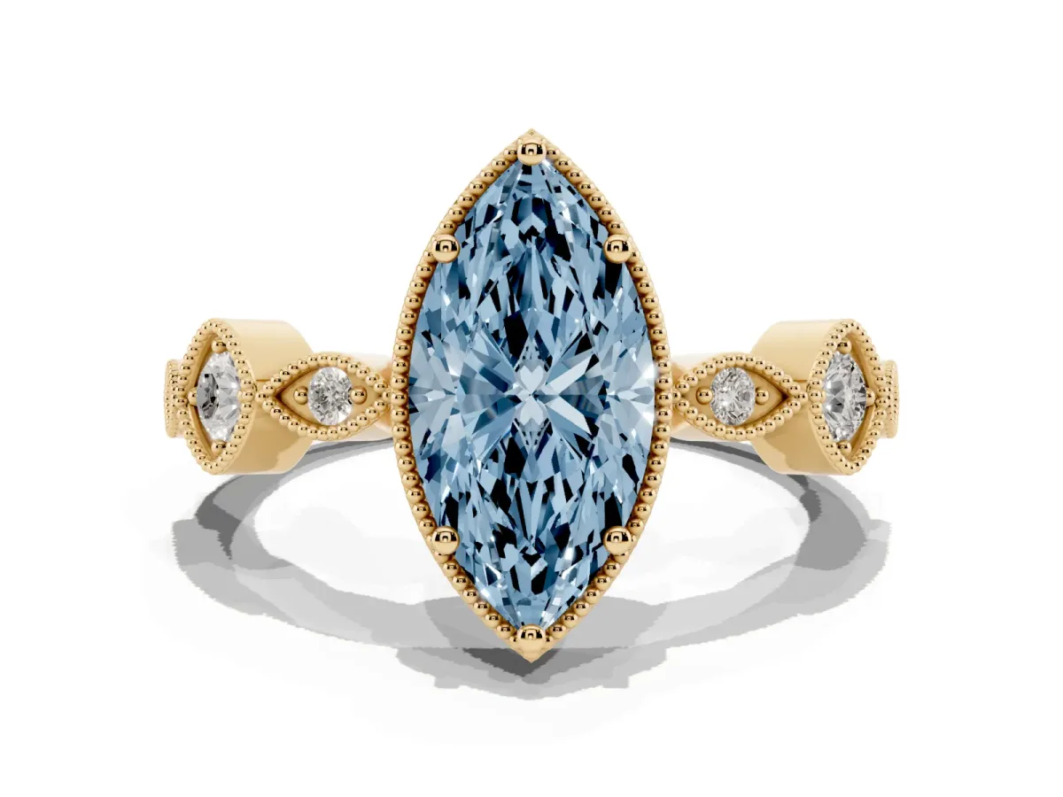 Fancy Blue Marquise Cut Diamond Vintage Milgrain Ring with Round Stations Yellow gold