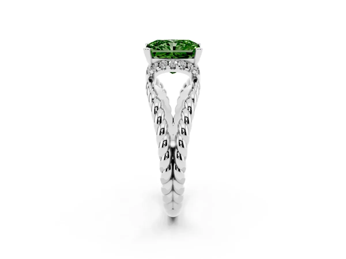 Fancy Green Radiant Cut Halo Twisted Band Four-Prong Ring Platinum