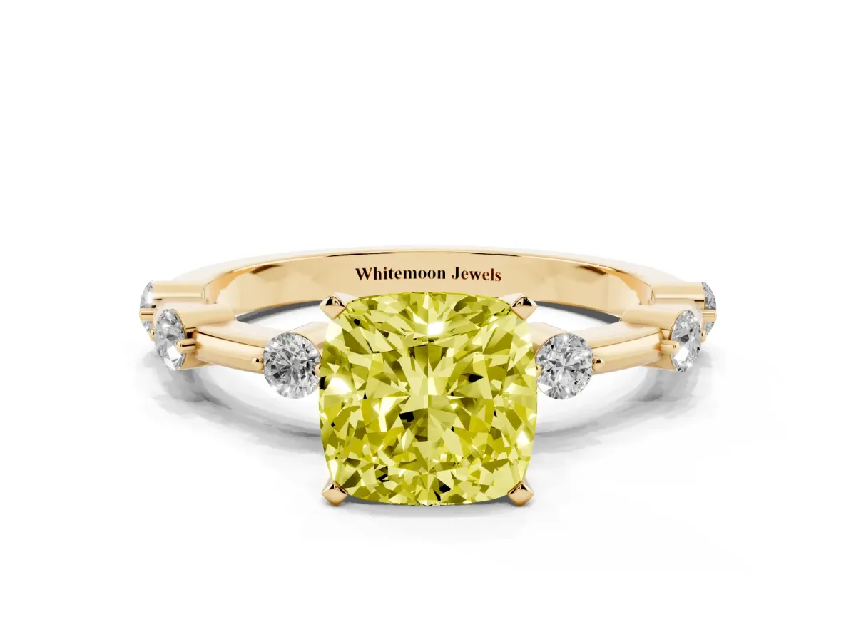 Fancy Yellow Cushion Cut Solitaire Diamond Ring with Bezel Set Side Stones and Prong Setting Yellow gold