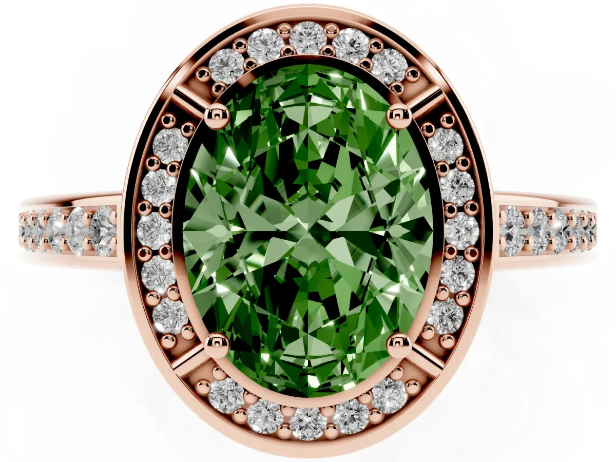 Fancy Green Oval Cut Cut Halo Pave Split Shank Prong Setting Ring Rose gold
