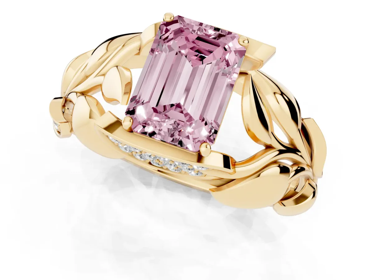 Fancy Pink Emerald Cut Diamond Leaf-Inspired Engagement Ring with Round Accents and Prong Setting Yellow gold