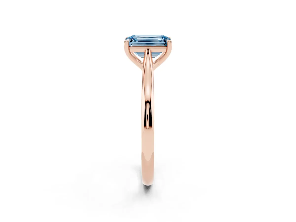 Fancy Blue Emerald Cut Cut Solitaire Ring with Cathedral Band and Four-Prong Setting Rose gold