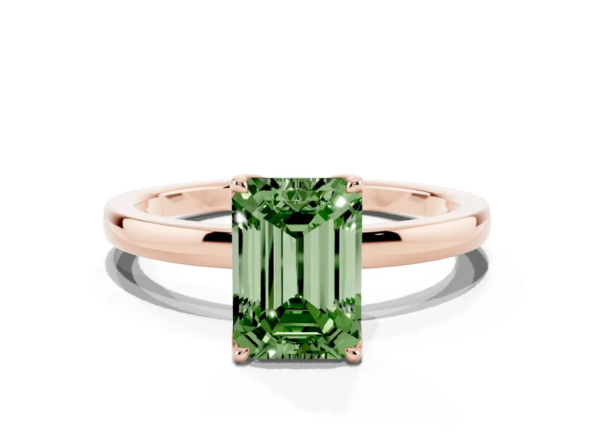 Fancy Green Emerald Cut Diamond Solitaire Ring with Thin Band and Prong Setting Rose gold