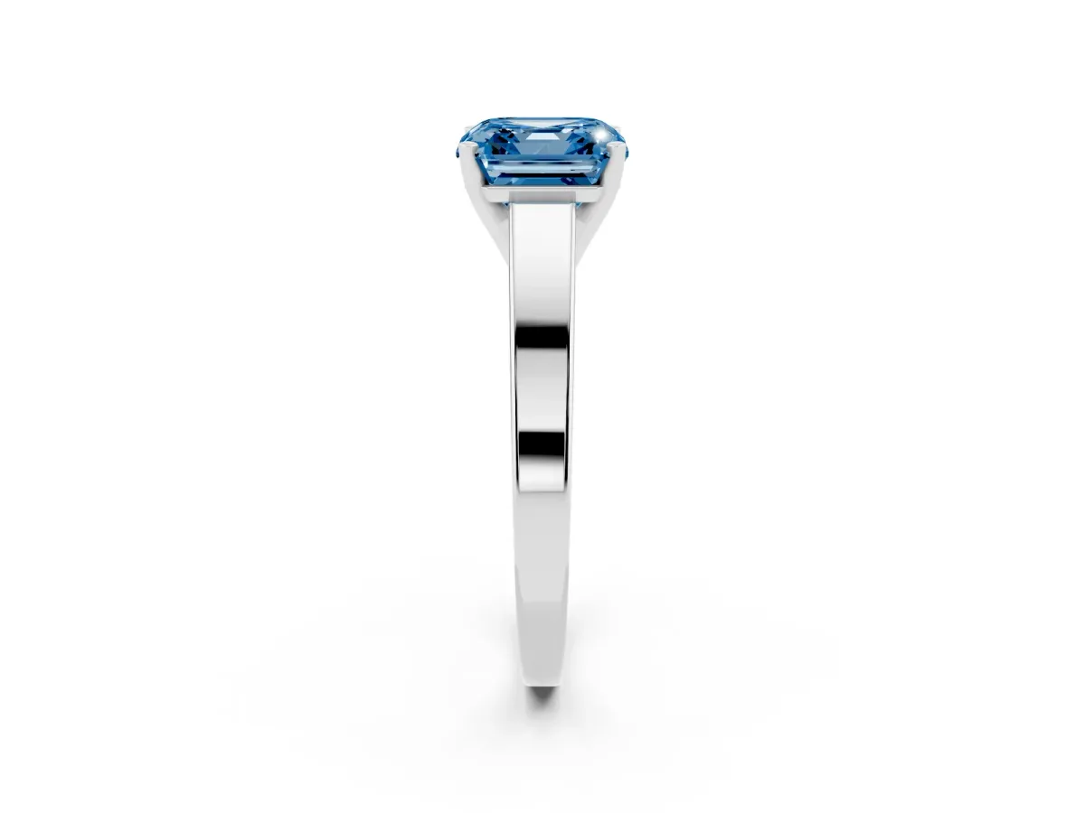 Fancy Blue Asscher Cut Solitaire Engagement Ring with Four-Prong Setting and Tapered Band Silver