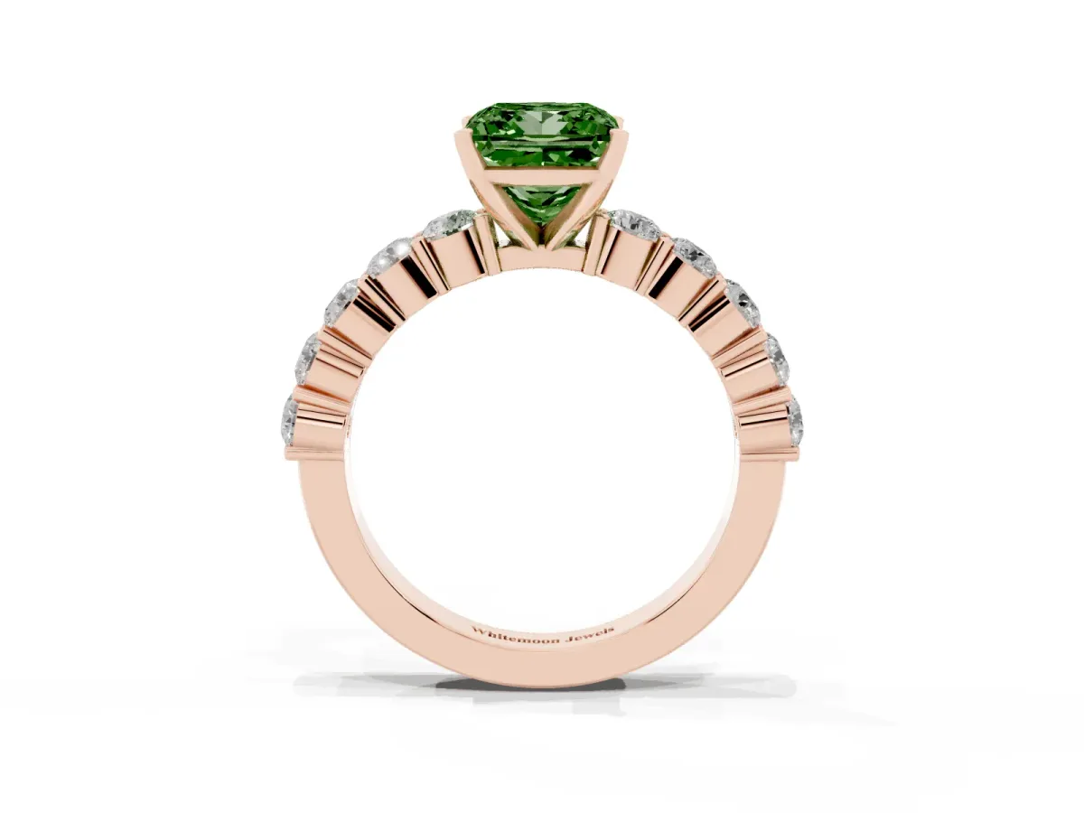 Fancy Green Princess Cut Diamond Solitaire Ring with Shared Prong Round Side Stones Rose gold